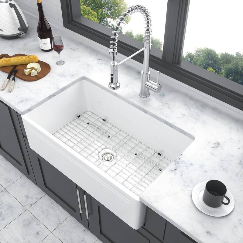 White Ceramic 30 in. Single Bowl Farmhouse Apron Kitchen Sink with Bottom Grid - White