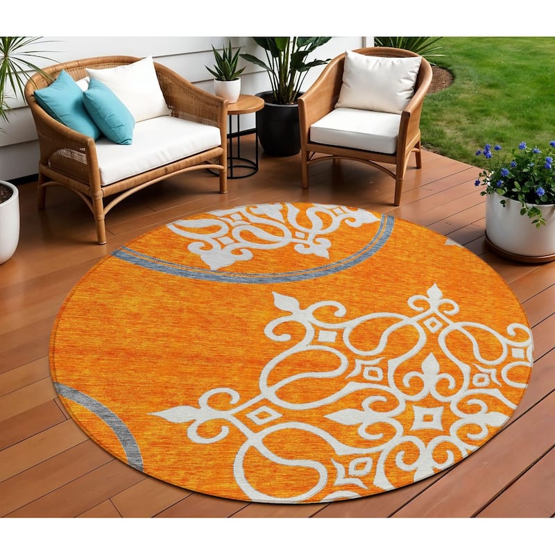HomeRoots Floral Medallion Transitional Rectangle Outdoor Rug - 8' Round
