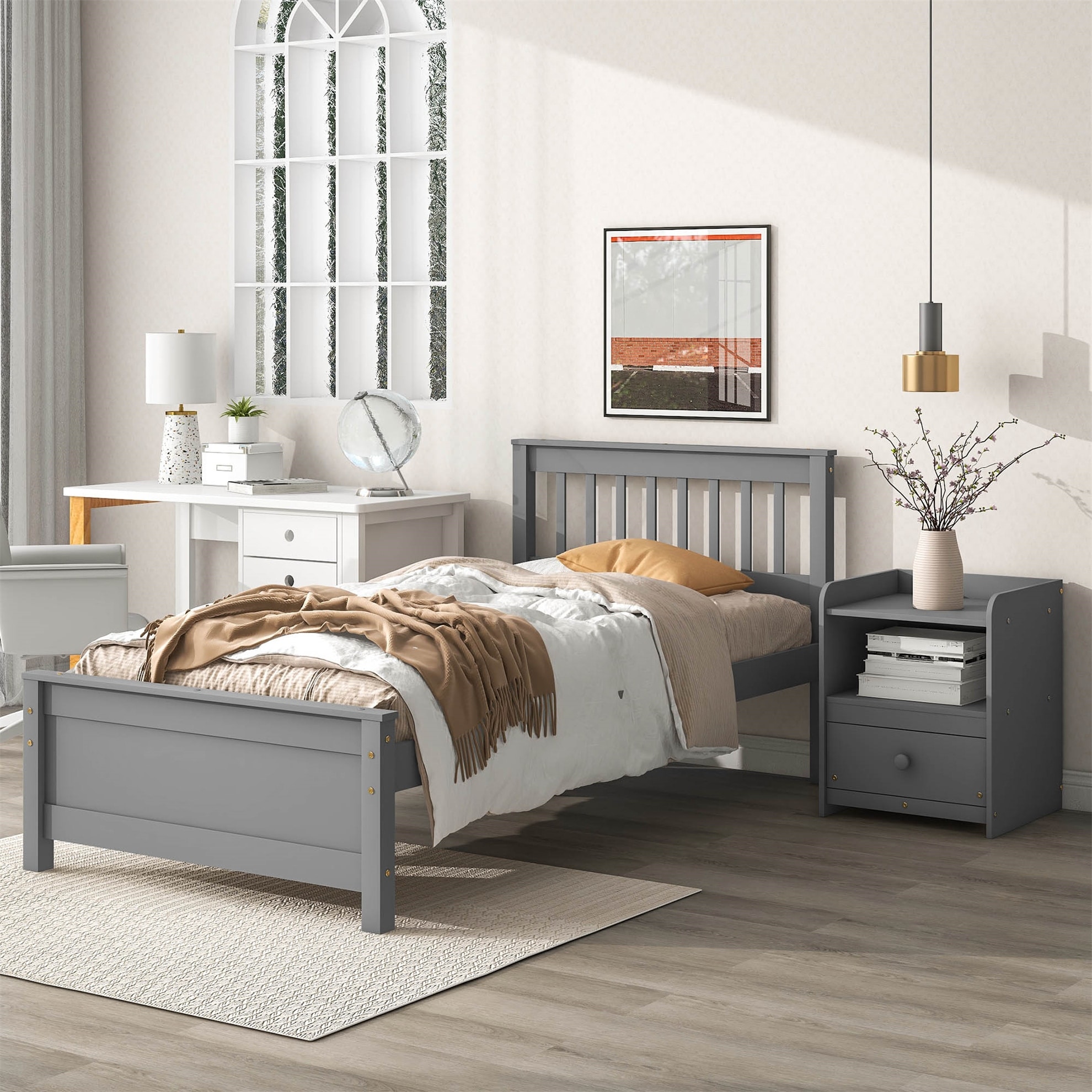 CLEARANCE! Gray Kids Teens Solid Wood 3 Pieces Twin Bedroom Sets,full bed +  nightstand *2