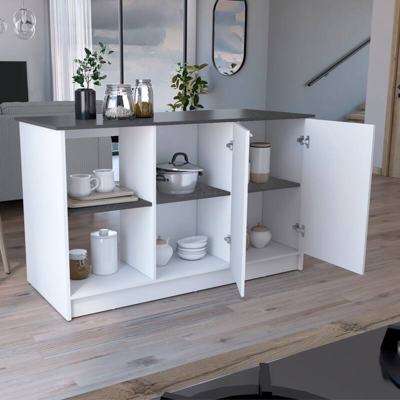 Spacious Kitchen Island with Double Door Cabinet, Open Shelves, Large Top - Black and Ibiza Marble