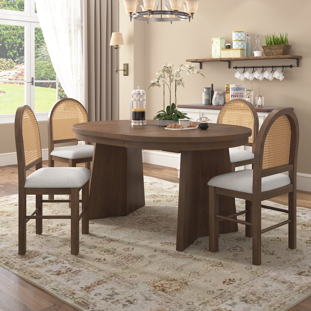 5-Piece Round Dining Set with 4 Upholstered Chairs and Extendable Table for Family Meals and Gatherings