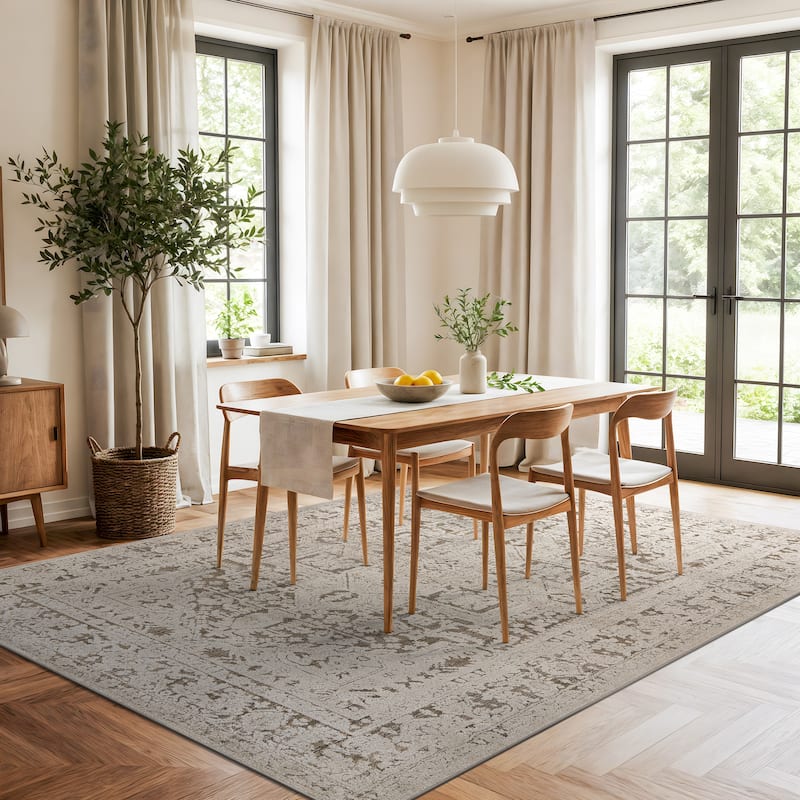 World Rug Gallery Textured Medallion Earth Beige Indoor High-Low Area Rug