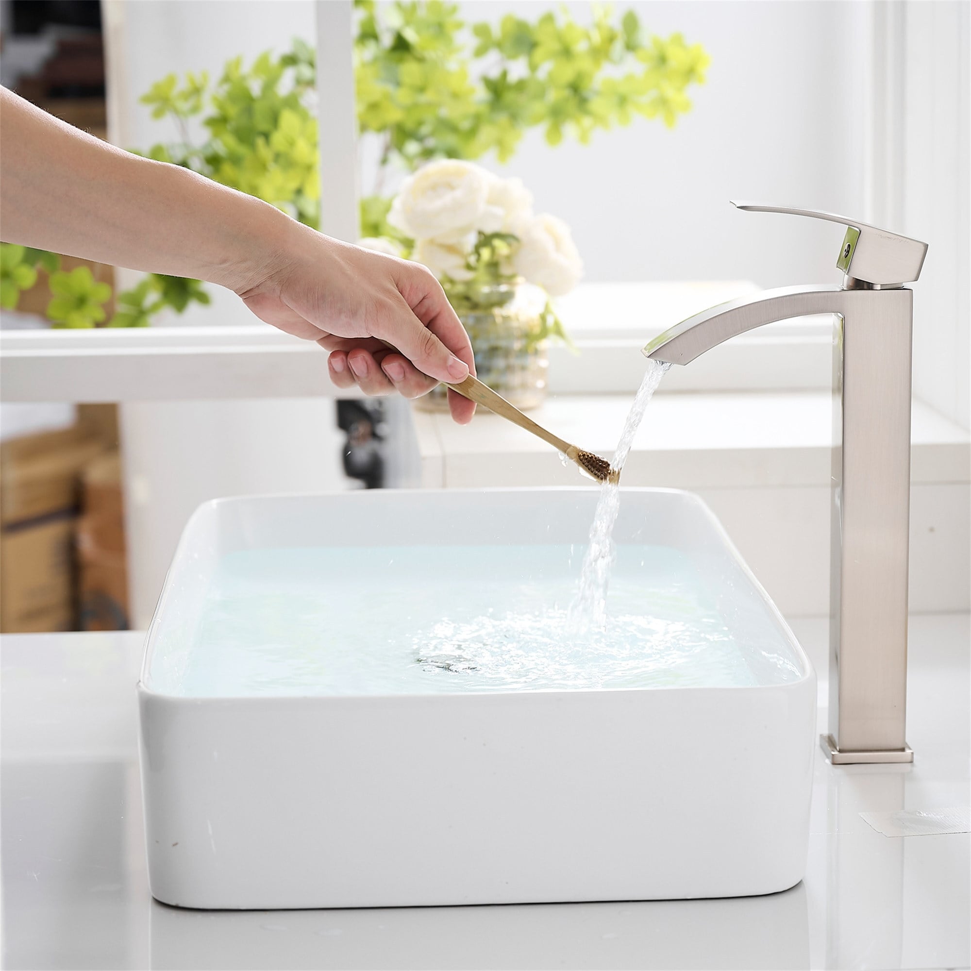 Waterfall Bathroom Vessel Faucet Single Handle Bathroon Vessel Sink Faucets One Hole Modern Tall High Taps