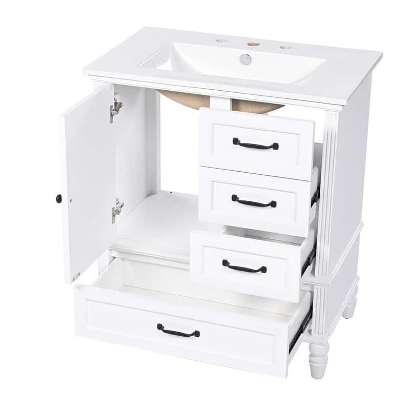 30" Bathroom Vanity with Ceramic Sink Top, Modern Bathroom Storage Cabinet with 1 Door, 3 Drawers and Solid Wood Legs