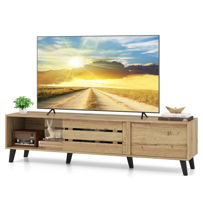 Gymax TV Stand for 80'' TVs w/Sliding Door Cabinets Storage Shelves - Natural
