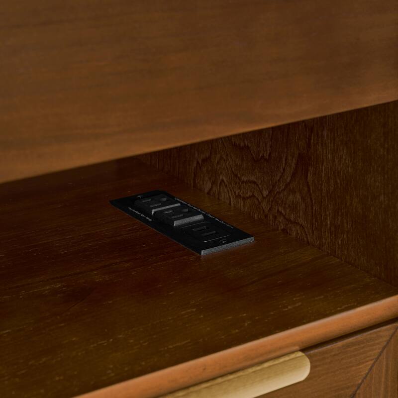 Mid Century Modern Nightstand with Charging Station & Outlet Hole & 2 Drawers, Farmhouse End Table with Open Shelf