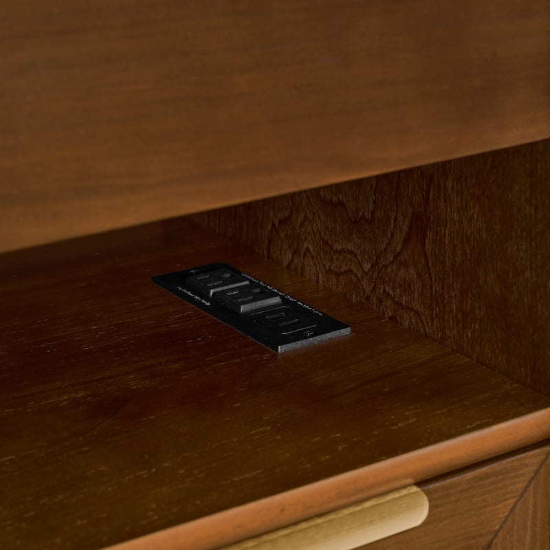 Mid-Century Modern Nightstand with USB Charging Station‌ - End Table Featuring 2 Drawers, Open Shelf & Glass-Front Cabinet
