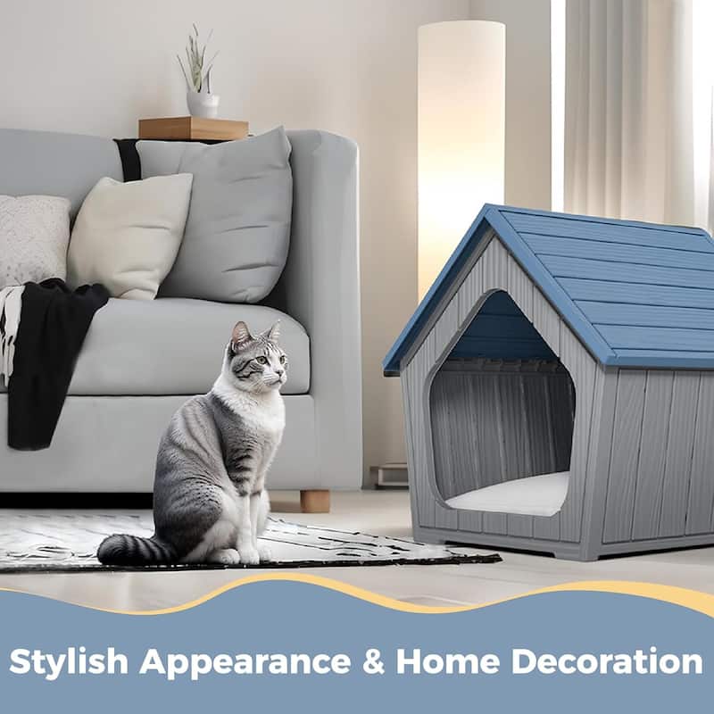 Cabin Style Cat House, Durable Waterproof Resin Shelter for Small, Medium, Large Cats, Easy Assembly