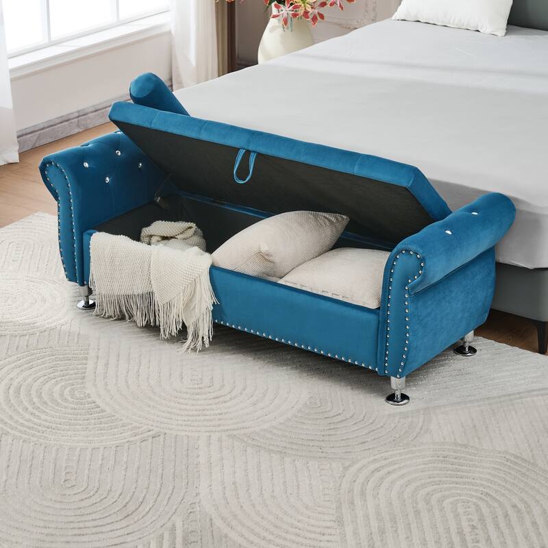 Velvet Storage Bench 62.2 Inch Upholstered Tufted Ottoman Bench with Rolled Arms, Large End of Bed Bench with Rivet Decoration