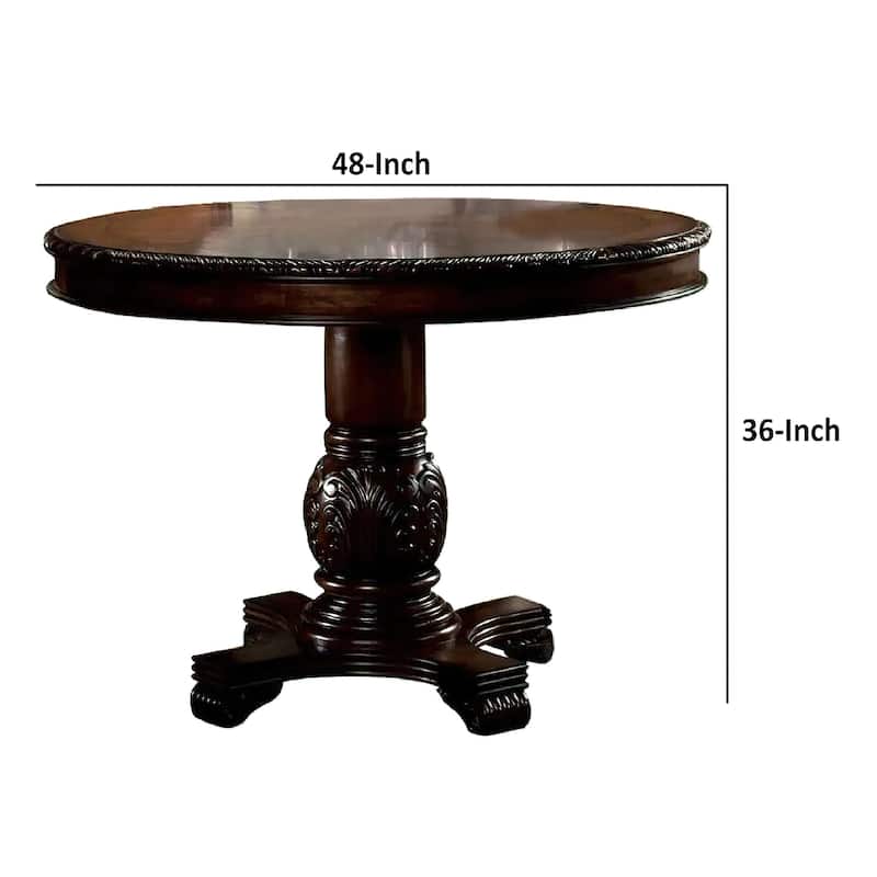 Loki 48 Inch Round Counter Height Table, Espresso Brown Carved Wood Frame