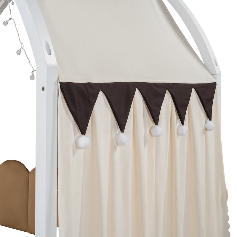 Wood Twin Size Bed Frame with Arched Roof, Floor Bed with Light and Curtain, Pull-out Kids Bed for Girls Boys Bedroom