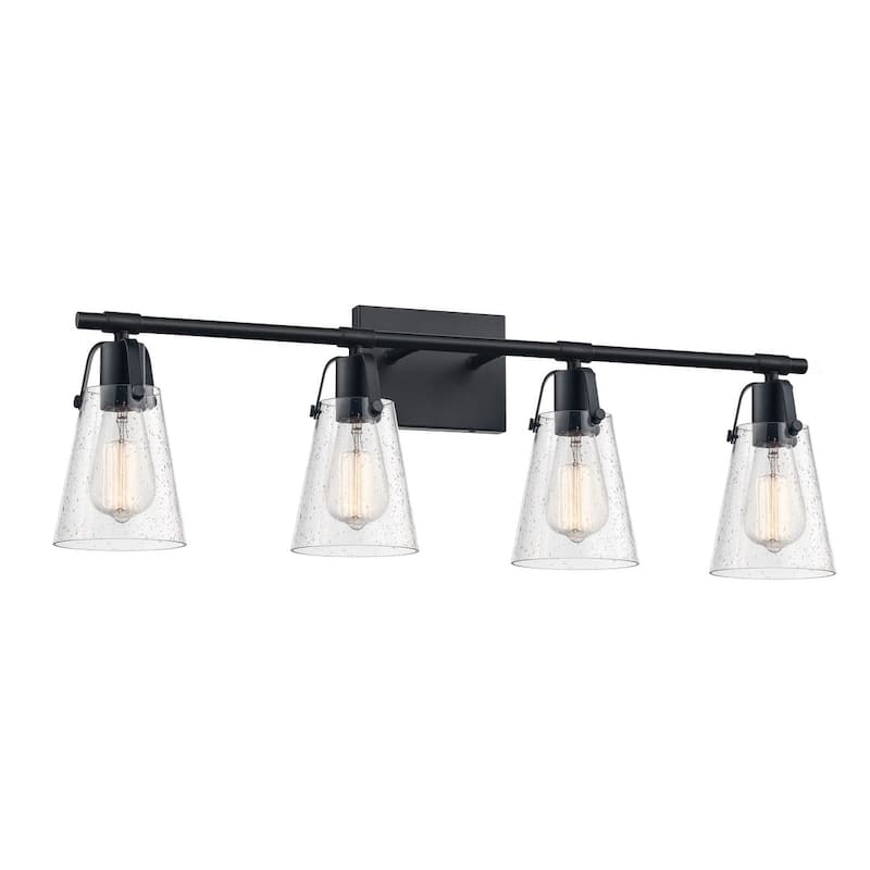 Modern Vanity Light Wall Mount Sconces with Glass Shade - 4-Light - Black/Seeded Glass