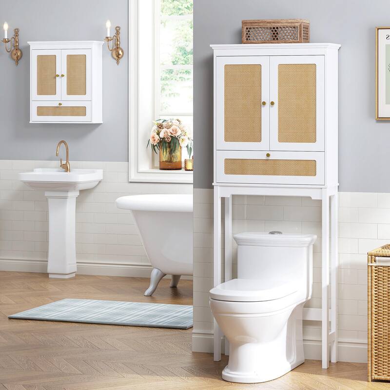 COSTARS Space-Saving Over-the-Toilet Wall Cabinet, Modern Rattan Bathroom Storage with Adjustable Shelf