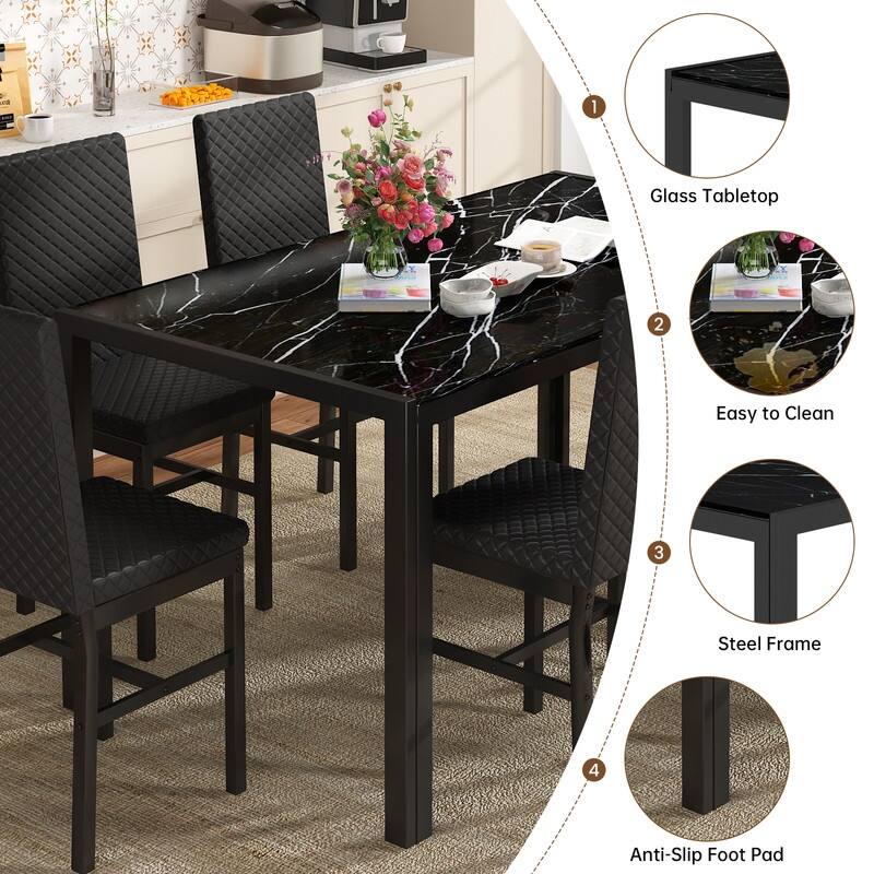 Grondin 7-Piece Dining Room Table Set, Modern Contemporary Style Dinning Table Set with Tempered Glass Top and Upholstery Chairs