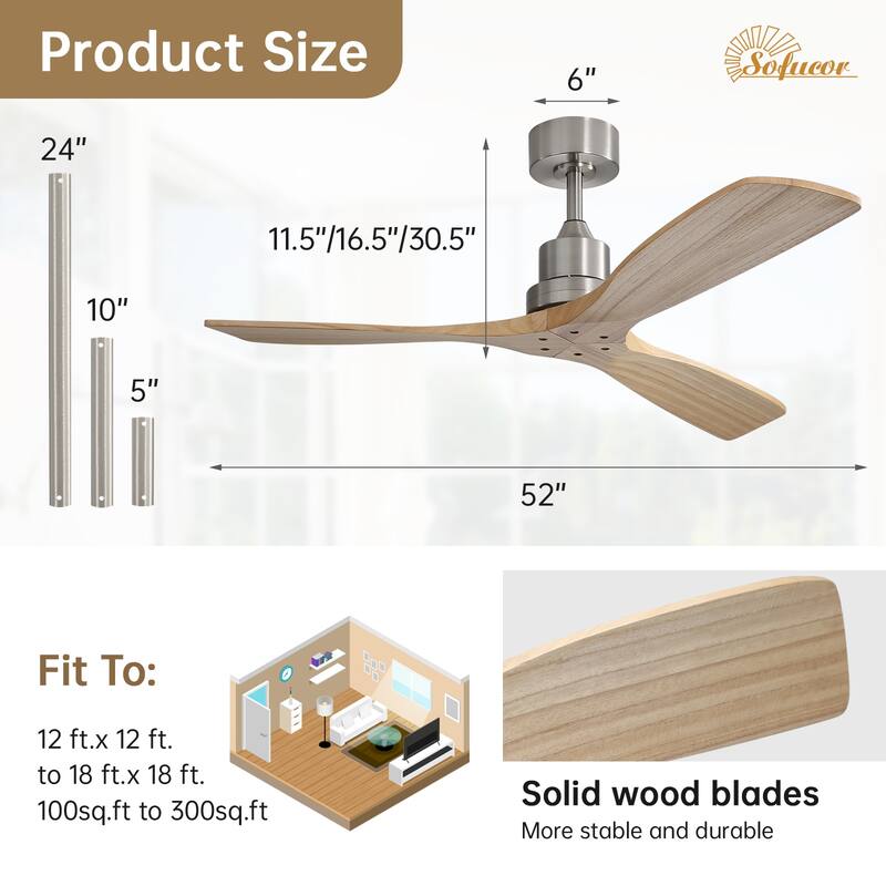 Sofucor 52 Inch Ceiling Fan without Light Solid Wood,with Remote,Smart Optional-Alexa/Google Assistant/APP/Remote Control
