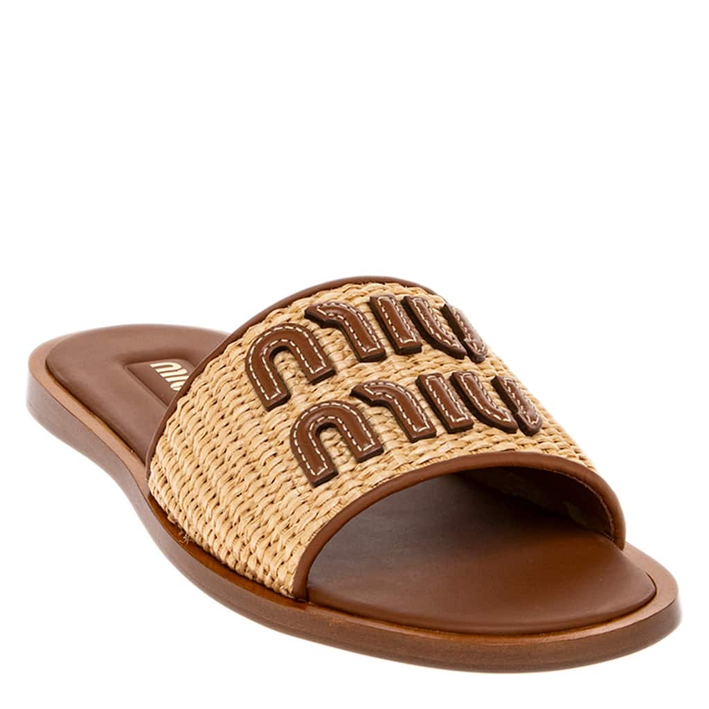 Miu Miu Logo Patch Raffia Slides