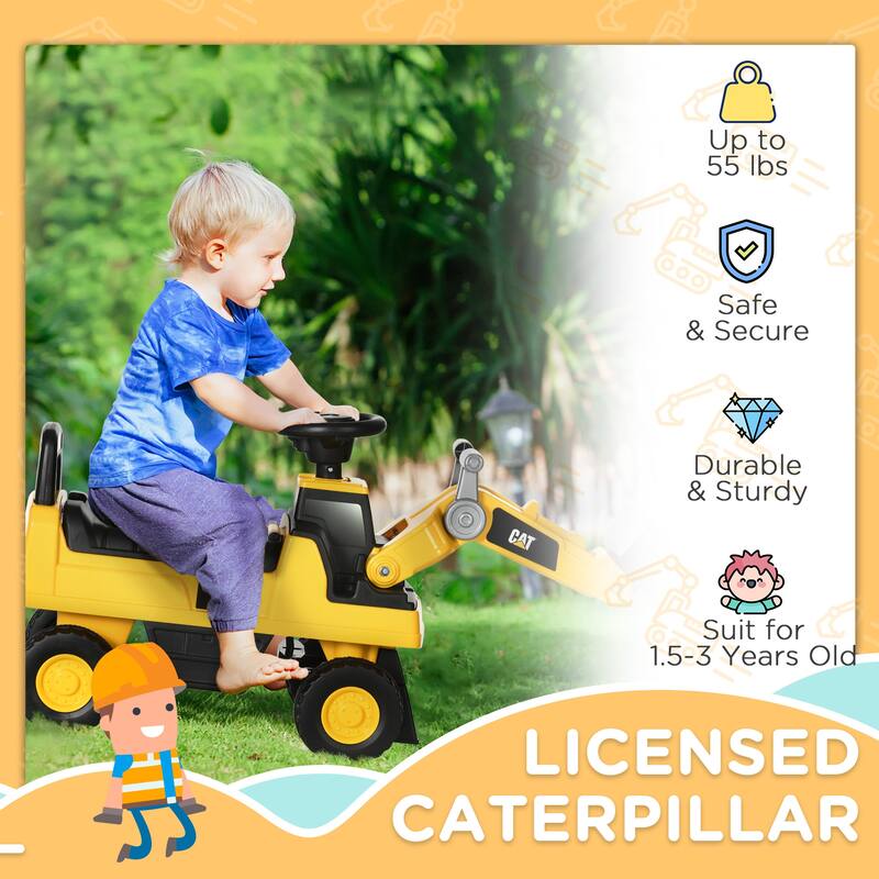 Aosom CAT Licensed Ride-on Excavator for Kids with Manual Shovel, Yellow