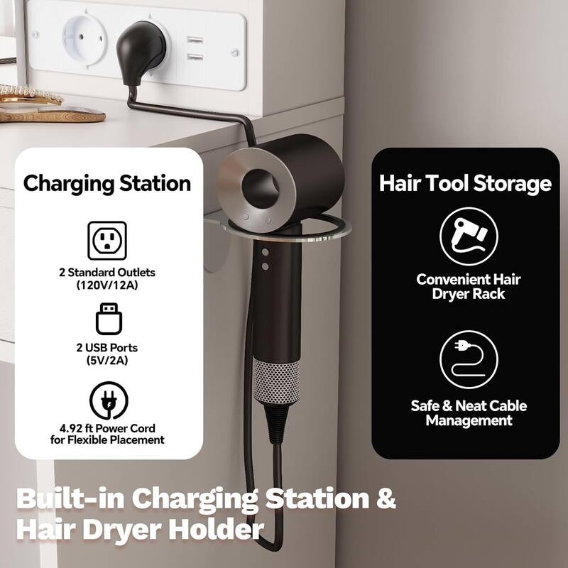 2 Drawer Makeup Vanity Desk Set with Power Outlet, USB Ports, Stool