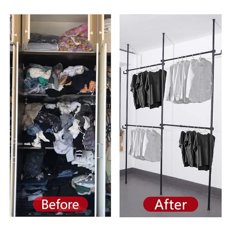 Double Clothing Rack, Adjustable Racks for Hanging Clothes, 2 Tier Clothes Heavy Duty Garment White Closet Freestanding System