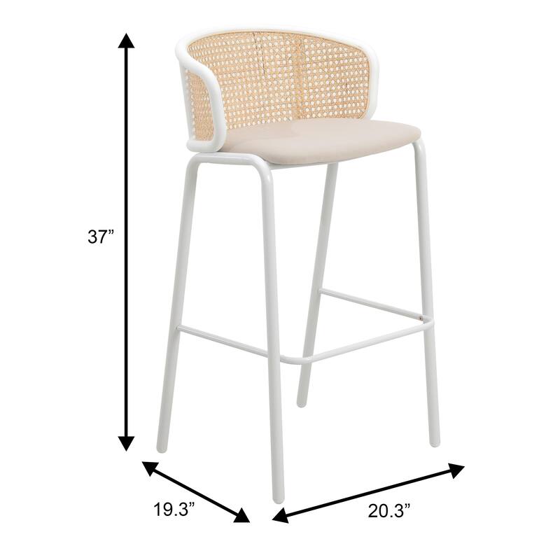 Ervilla Mid-Century Modern Low-Back Wicker Bar Stool with White Powder Coated Steel Frame and Soft Fabric Seat Counter Chair