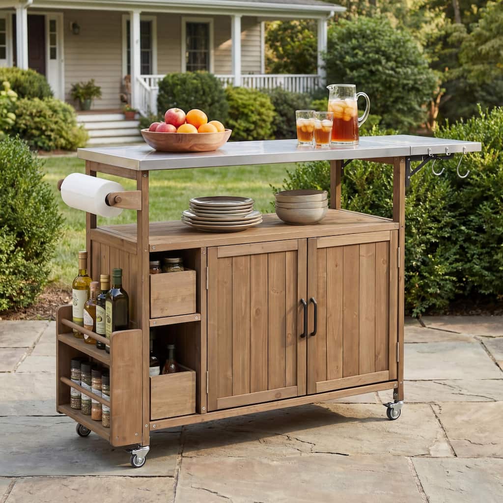 Christopher Knight Home - 54.33" Solid Wood Mobile Outdoor Kitchen Cart with Stainless Steel Top & Spice Rack & Lockable Wheels