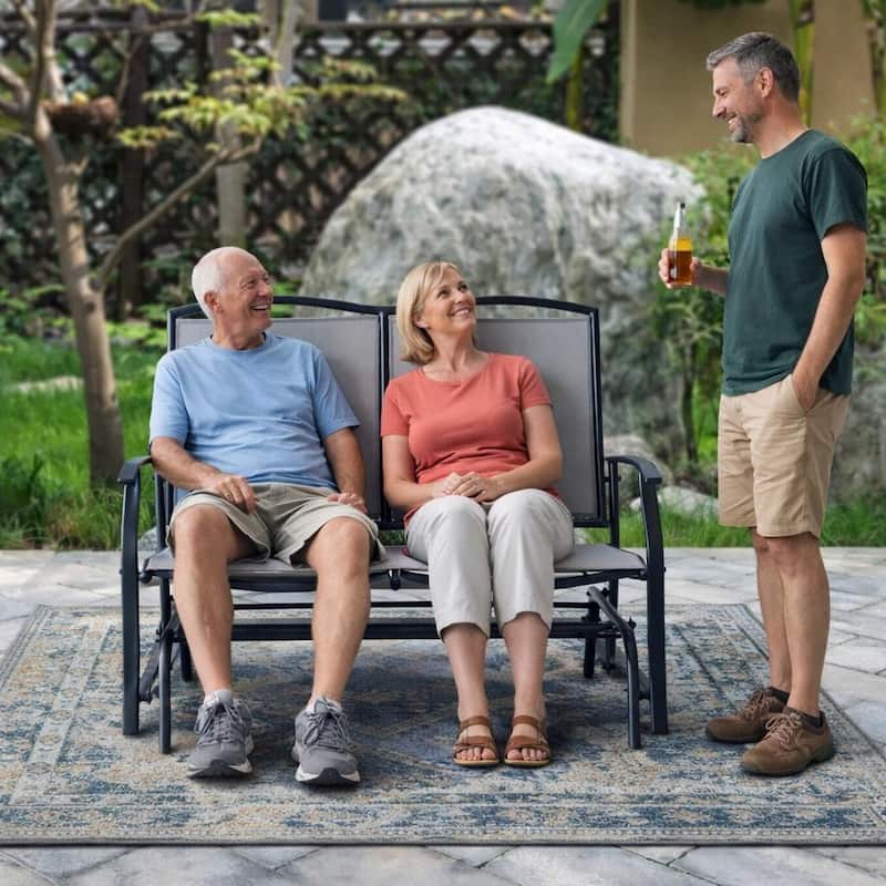 Kaycey 2-Person Black Metal Outdoor Loveseat Glider with Mix Grey Sling - N/A