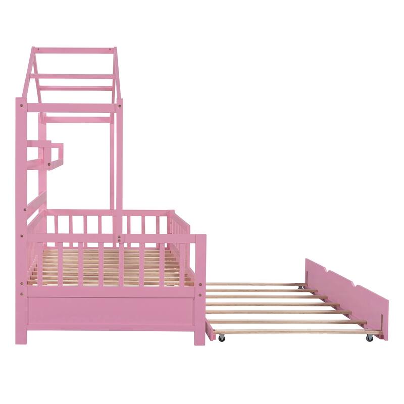 Cute Wooden Twin or Full House Bed with Trundle, Kids Bed Wood Platform Bed Frame with Safety Guardrail & Storage Shelf