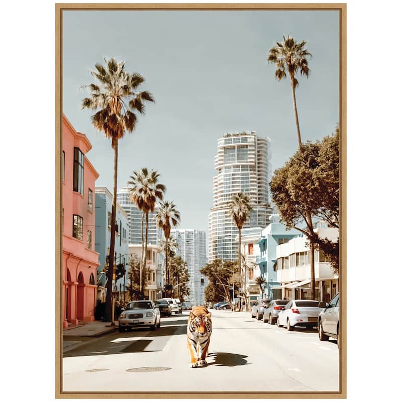 Kate and Laurel Sylvie California Tiger Roaming through Palm Springs Framed Canvas by Michael Schauer