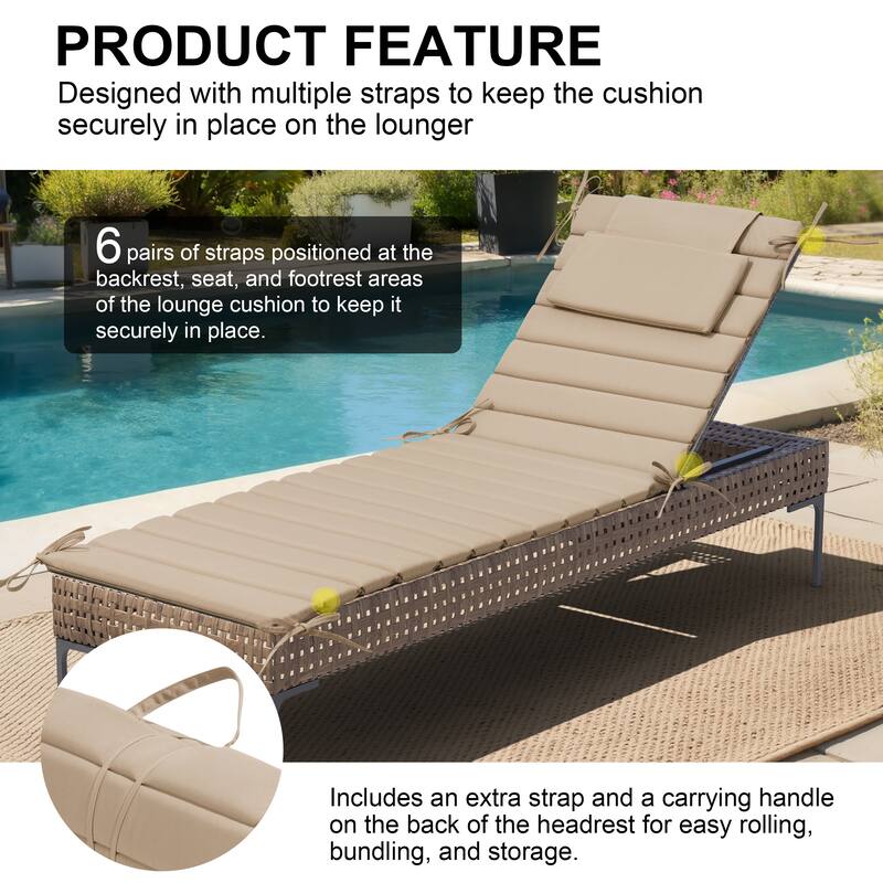 Outdoor Chaise Lounge Cushion Quilted Patio Sun Lounger Pad with Straps