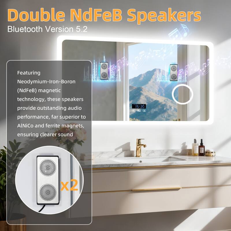 Bluetooth LED Bathroom Vanity Wall Mounted Mirror Double Speakers, 3X Magnifier, Backlit Mirror