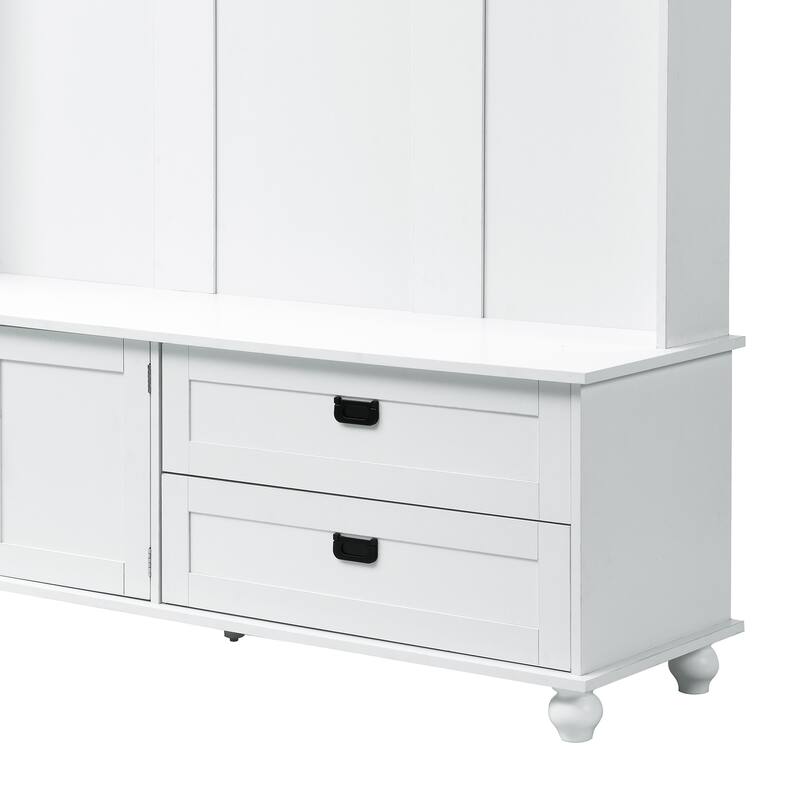 Roomfitters Widen Mudroom Hall Tree with Storage Bench, Modern Entryway Cabinet with 2 Large Compartments and 5 Coat Hooks
