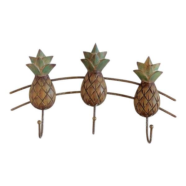Carved Pineapples Triple Wall Hooks Wood and Metal 11 Inches Multi