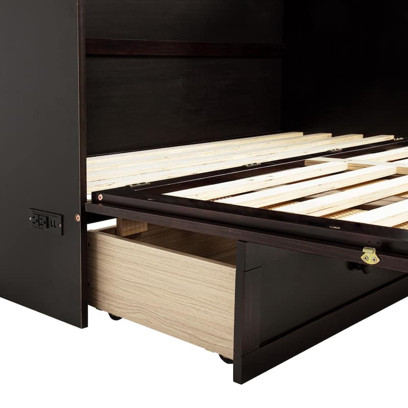 Queen Size Wood Murphy Bed with Power Station,Rattan Decoration Panel and Drawer