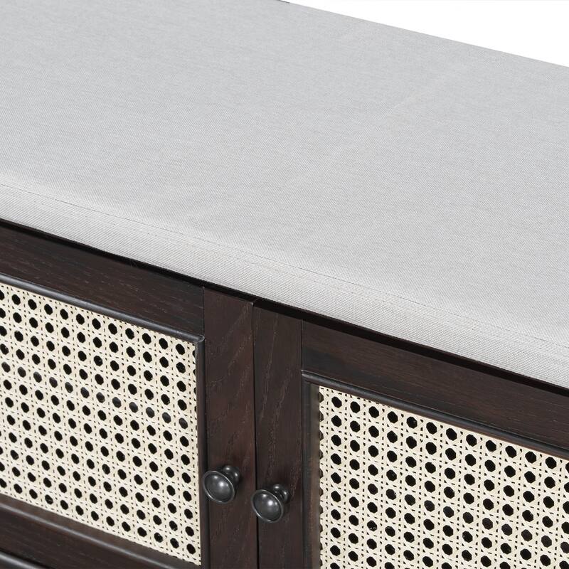 Rattan Entryway Bench with Storage, Cushioned Shoe Bench with Double Doors - Espresso