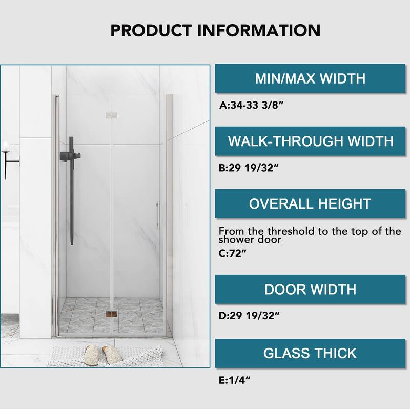30/32/34/36 Bi-fold Semi-Frameless Shower Door with Clear Tempered Glass