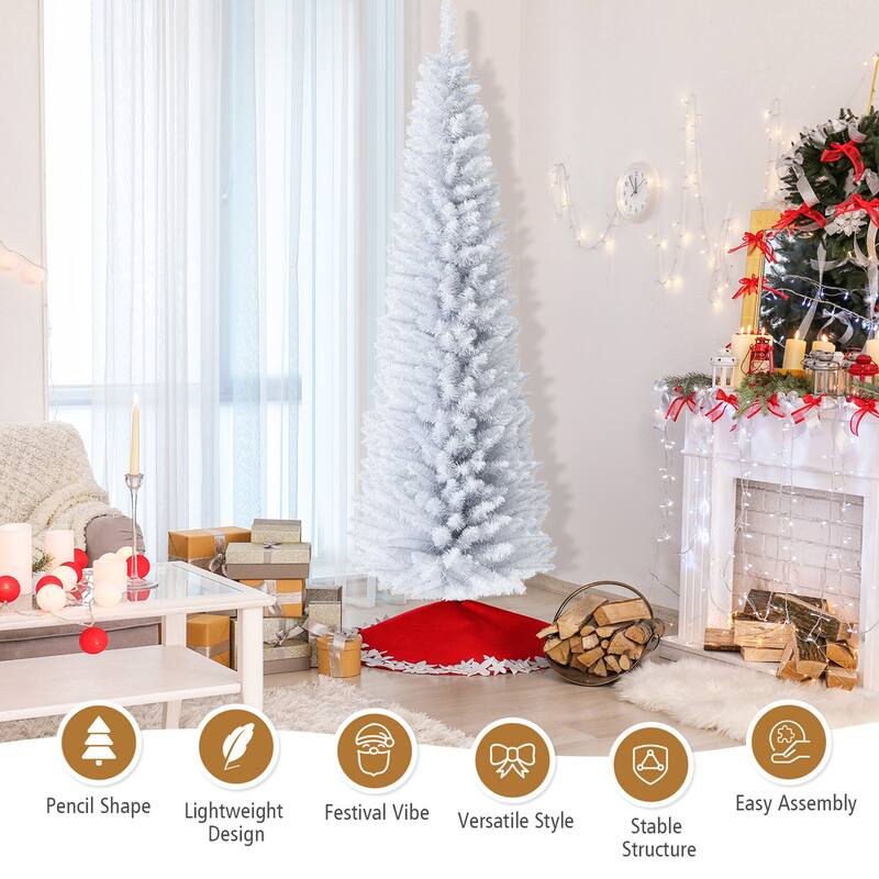 Gymax 5/6/7 FT Artificial Pencil White Christmas Tree Leafy Unlit Slim