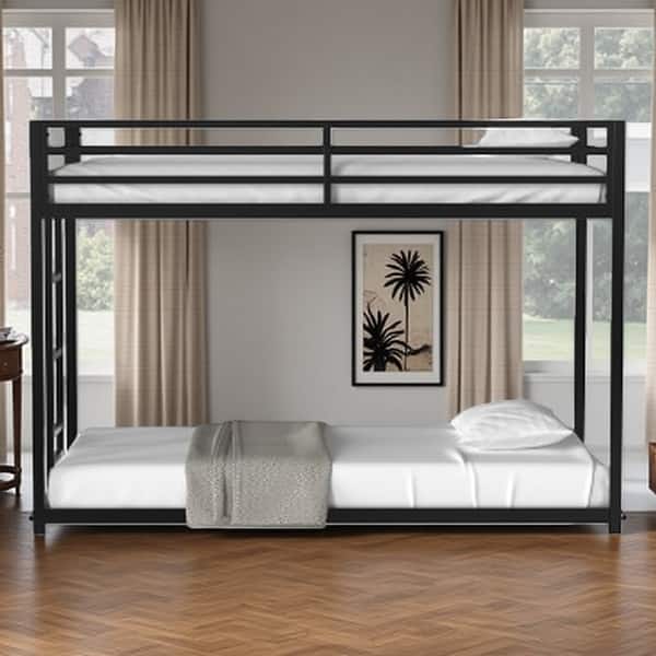slide 2 of 25, Twin Over Twin Metal Bunk Bed with Reversible Ladder, Full-Length Guardrails, Sturdy Square Tube Frame Black