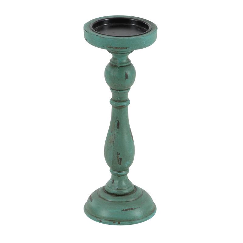 Teal Wooden Distressed Turned Decorative Candle Holder (Set of 3)