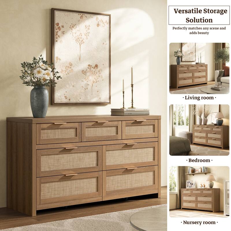 Efficient Storage Dresser with 7 Rattan Drawers