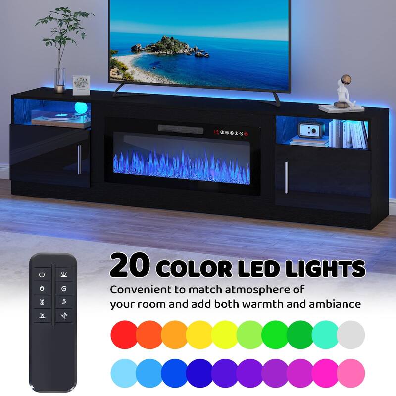 BOSSIN 80" Modern Electric Fireplace TV Stand with 20-Color LED Lights, Fits Up to 90" TV, Adjustable Shelves & Storage Cabinets