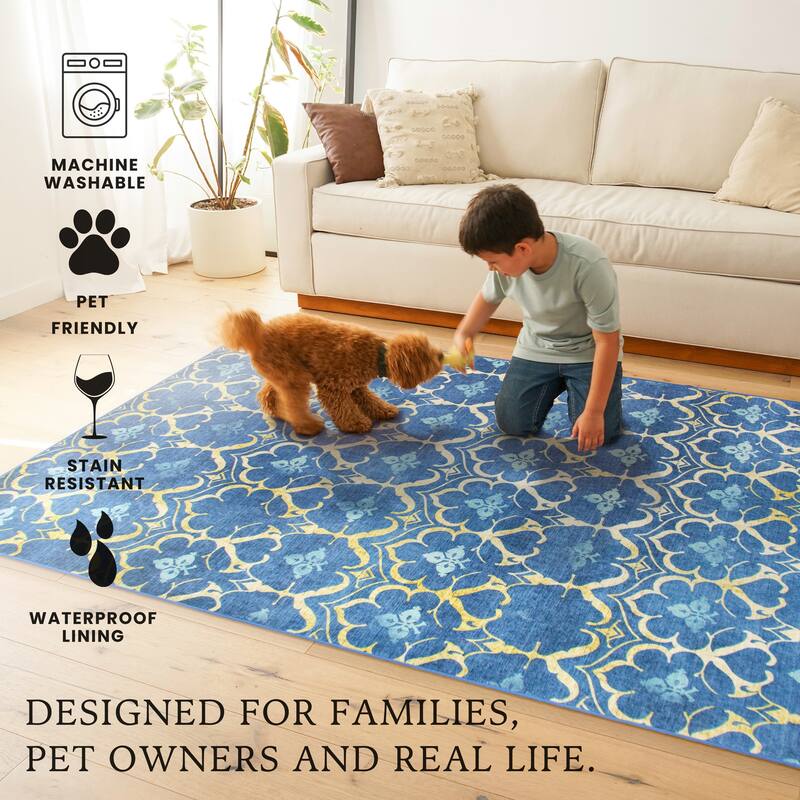 My Magic Carpet Machine Washable Area Rug Leilani Damask Blue