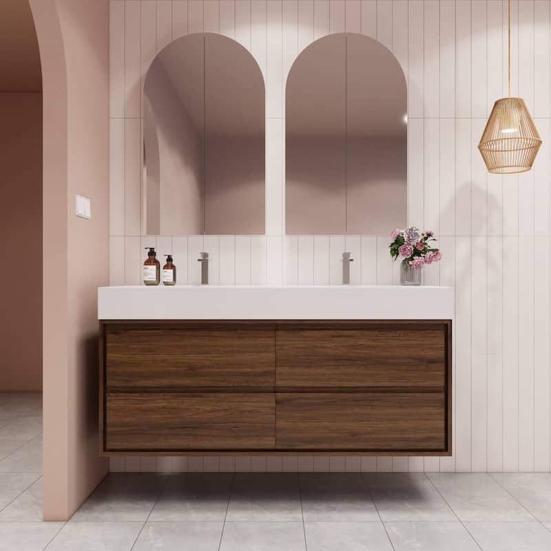 Victoria 60" Wall Mounted Modern Vanity with Double Acrylic Sink - 59.5'' - Rosewood