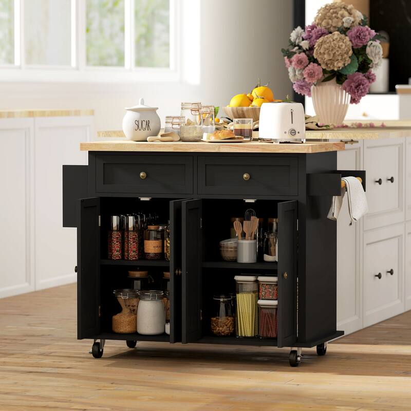 HOMCOM Rolling Kitchen Island Cart with Rubber Wood Top, Spice Rack, Towel Rack & Drawers for Dining Room