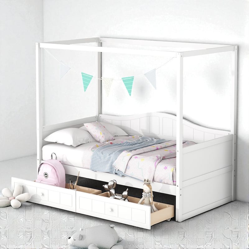 Twin Size Wooden Canopy Daybed with 2 Storage Drawers and Backrest, Space-Saving Solid Wood Frame - White - Twin