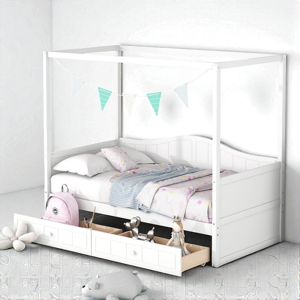 Twin Size Wooden Canopy Daybed with 2 Storage Drawers and Backrest, Space-Saving Solid Wood Frame