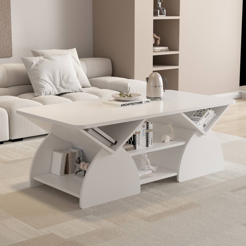 Engineered wood rounded corner rectangular coffee table for living room, easy assembly storage table - White
