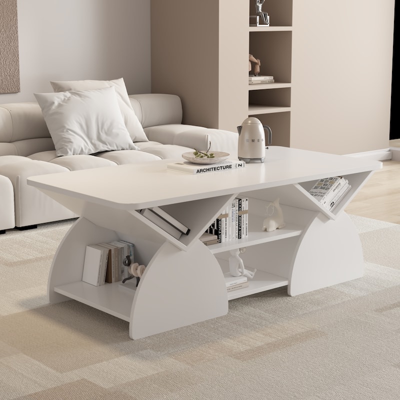 Rectangular Coffee Table for Living Room, Center Table with Storage, 47 Inch Space Saving Modern Coffee Table - White