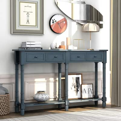 58" Rustic Console Table with Two Drawers and Bottom Shelf for Living Room Entryway, Solid Wood Frame