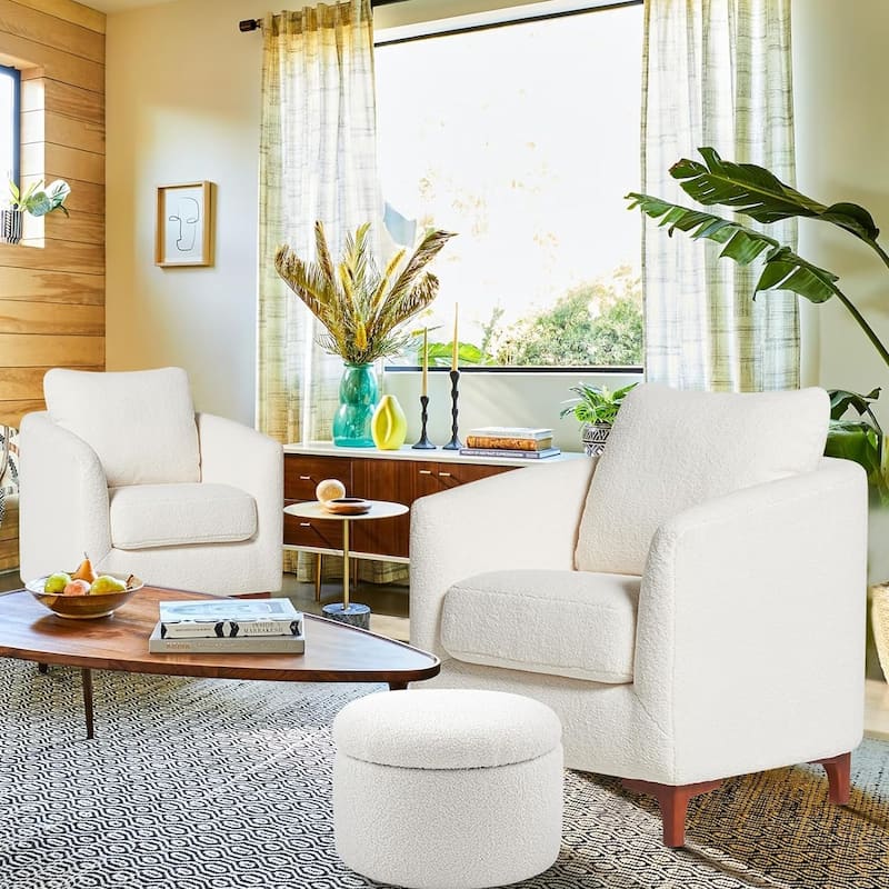 Sherpa Accent Chair with Storage Ottoman Set, Upholstered Barrel Club Arm Chair with Footrest Set of 1/2 - 2 - Cream