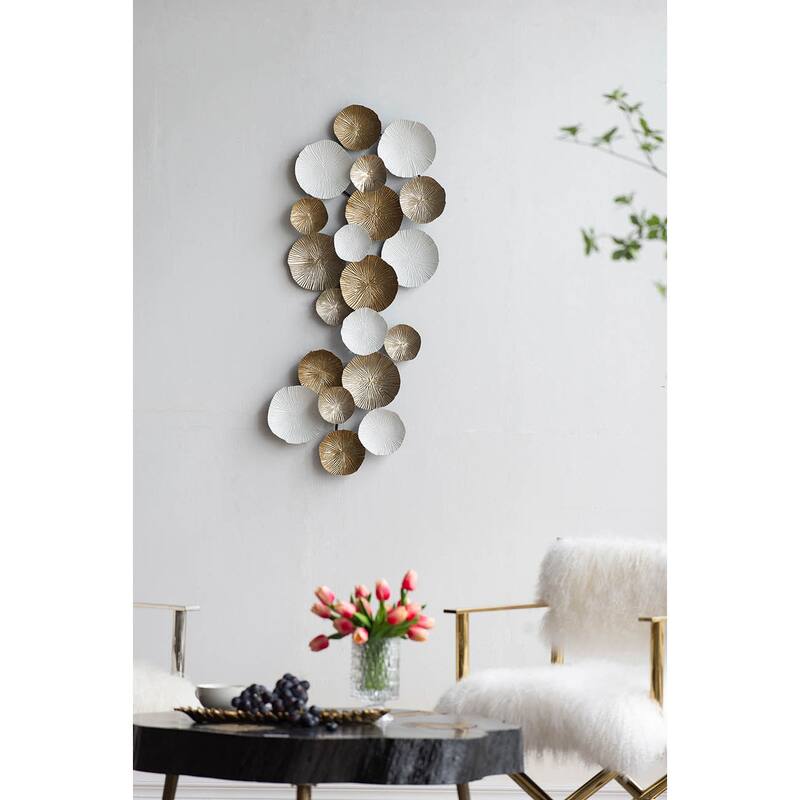 39.5" x 18" Metal Contemporary Wall Decor Accent, Large Hanging Sculpture for Bedroom Entryway Living Room - Golden+White